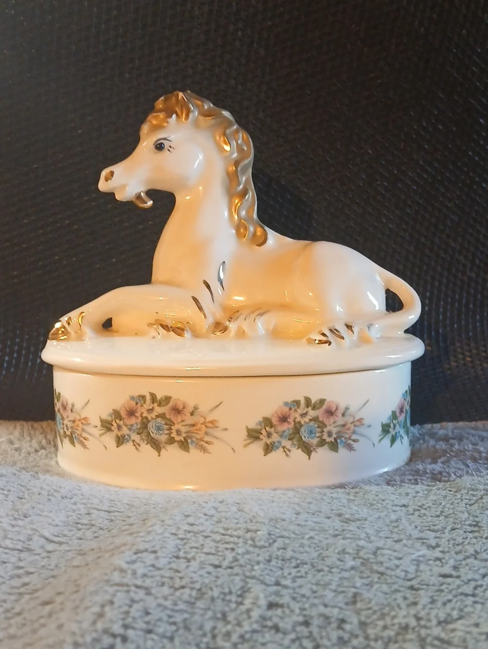 Vintage Porcelain Horse Trinket Box with Floral Banding